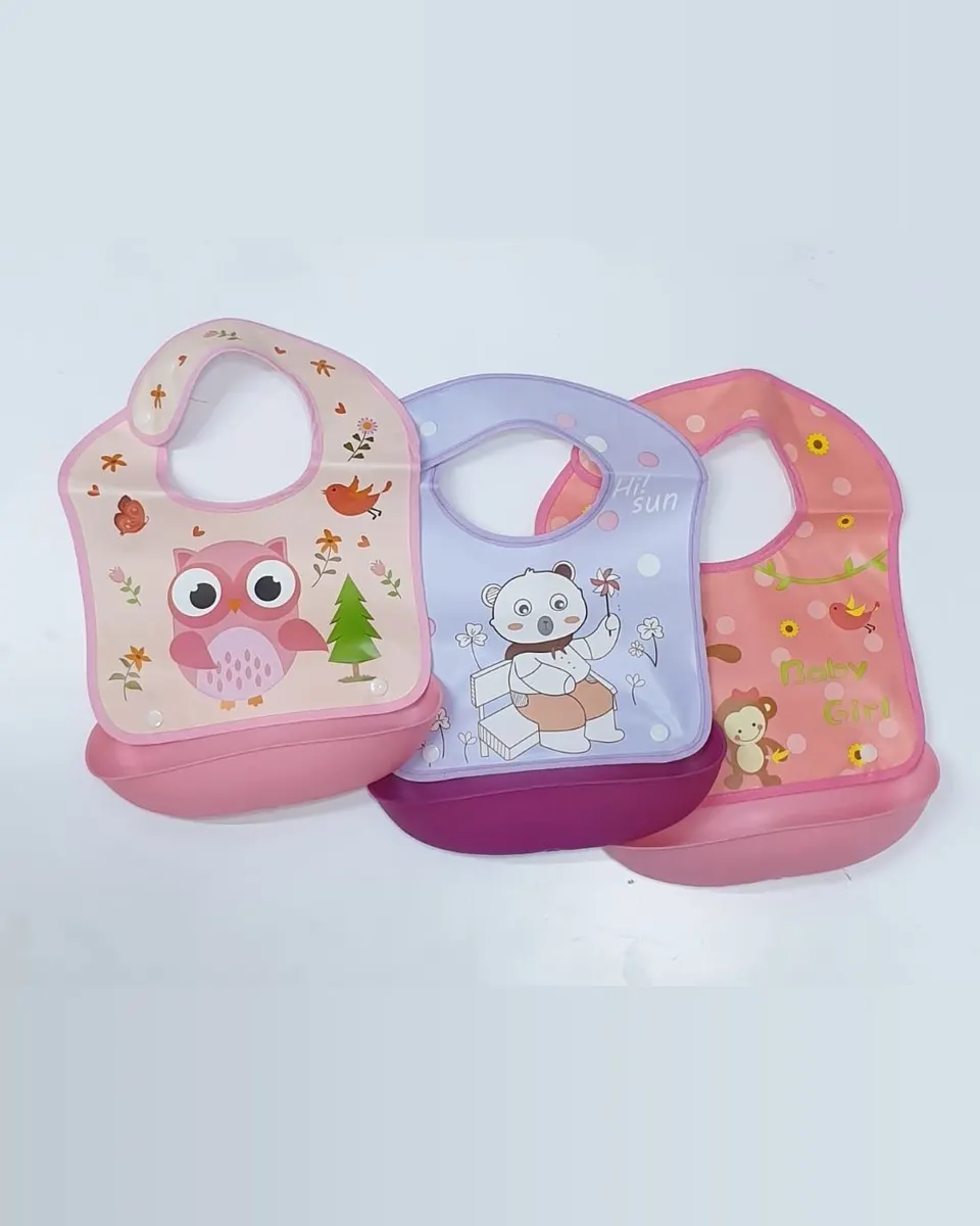 3 pieces – Water proof Feeding bib/ feeder with a trough – Multicolour