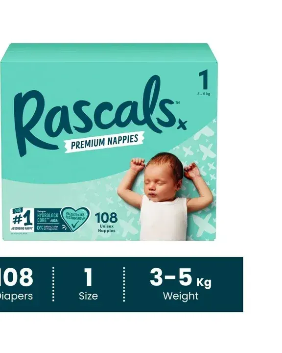 Rascals Premium Baby Tape Diapers Jumbo Box – Size 1, 3-5 kg, 108 Count