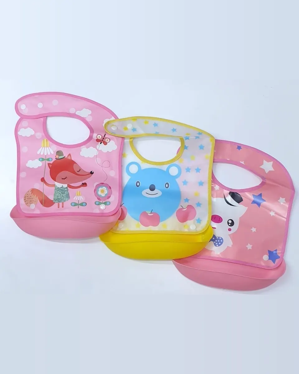 3 pieces – Water proof Feeding bib/ feeder with a trough – Multicolour