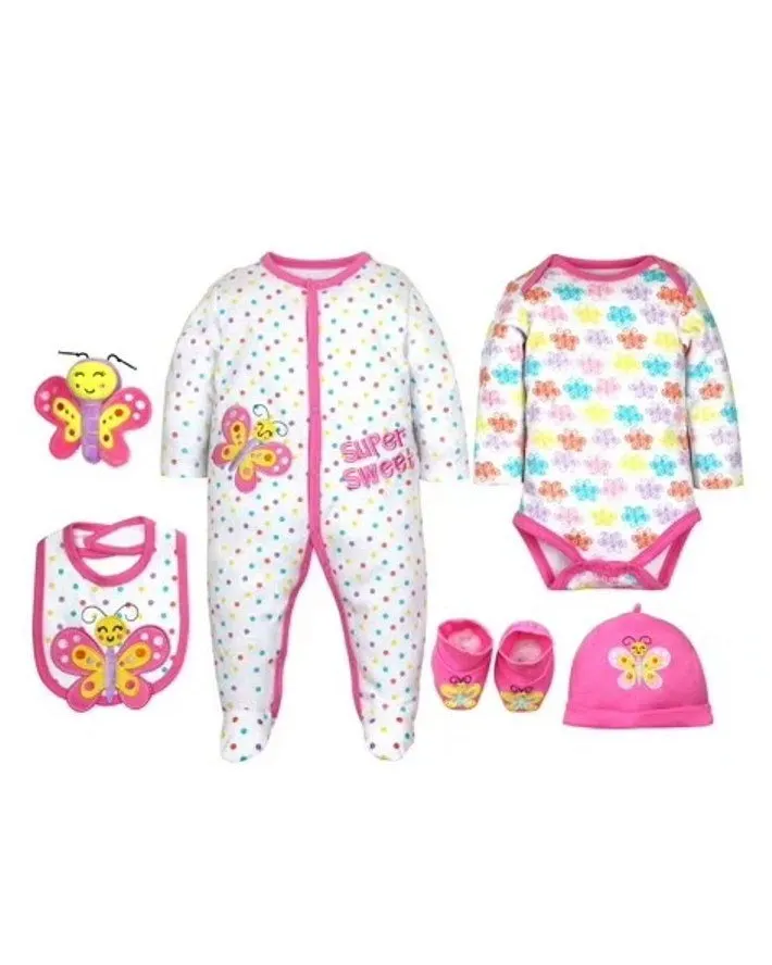 6 piece Baby Romper, Bodysuit, Bib, Hat, Booties and Toy Set
