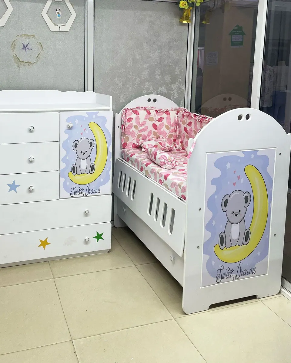 MDF Cot + Mattress + Chest of drawers + Cot Bumpers