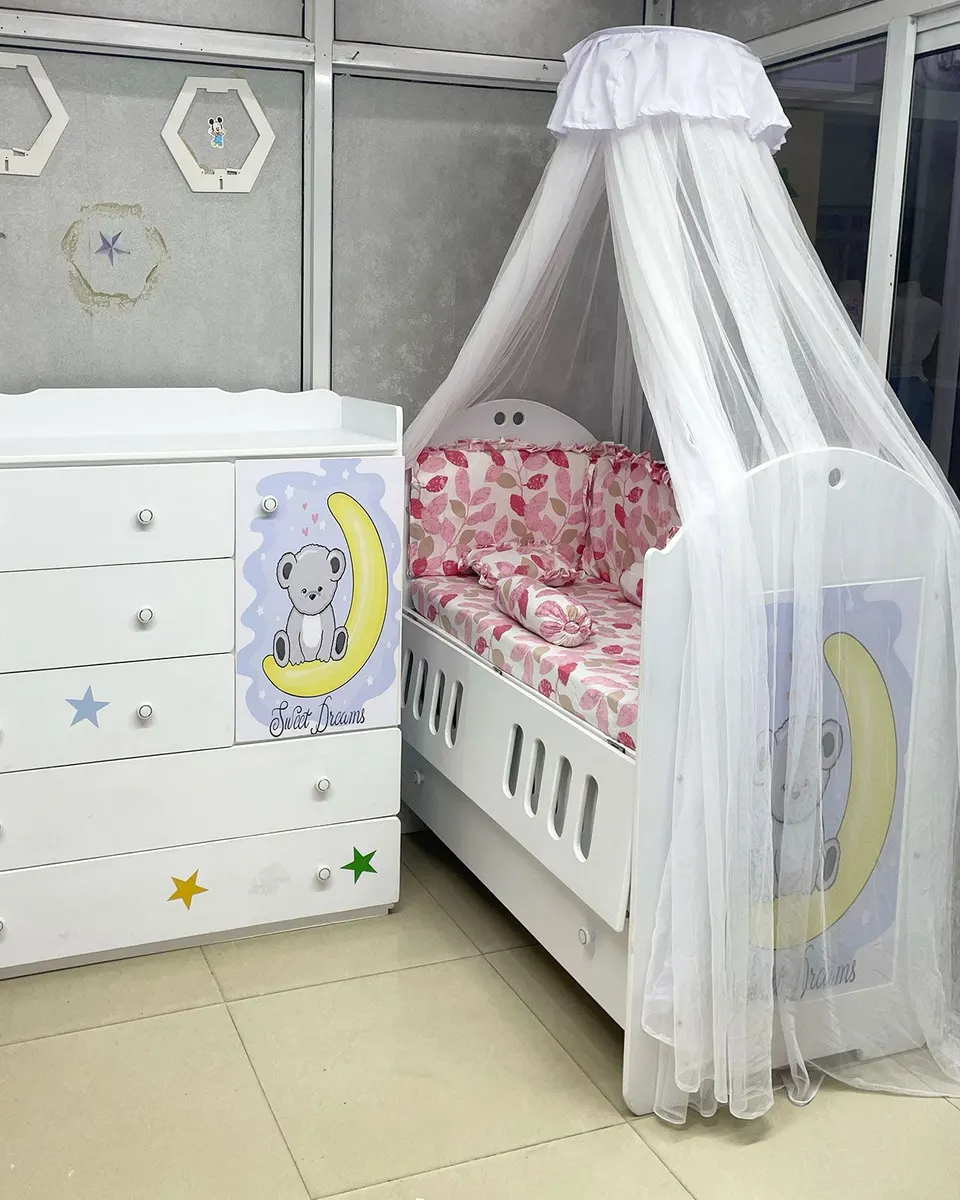 MDF Cot + Mattress + Chest of drawers + Cot Bumpers + Mosquito Net