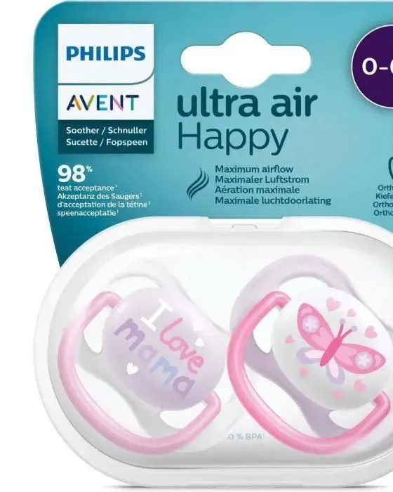 Philips Avent Ultra Air Pacifier, for 0-6m, Orthodontic & BPA-Free, 2 pcs, Including Sterilizer/Carrying Case SCF080/02..