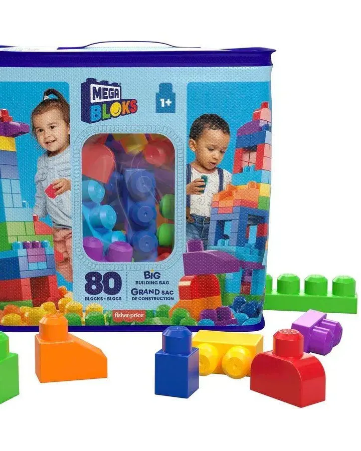 MEGA BLOKS First Builders Big Building Bag [DCH63] – 80 Durable Toddler Building Blocks with Reusable Storage Bag, Ages 1+, Fisher‑Price Endorsed