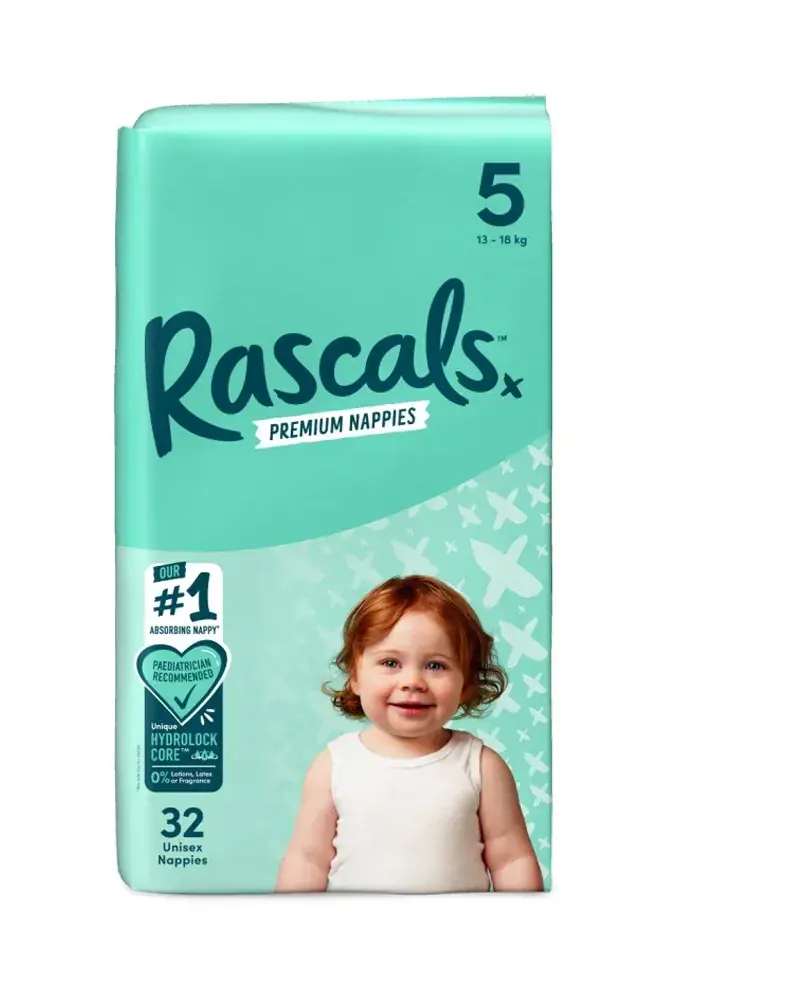 Rascals Premium Adhesive Walker Kids Nappy Diapers Size 5 (13–18 kg) – 32 Pieces