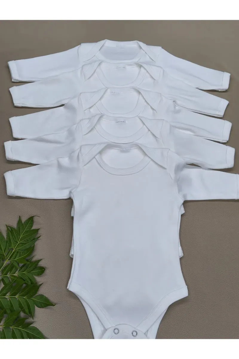 Unisex Long Sleeve White Baby Onesies/Bodysuits – 5 Pieces