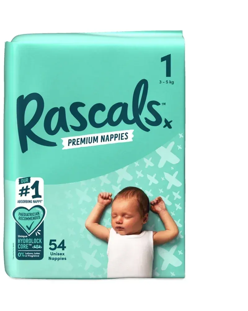 Rascals Premium Adhesive Newborn Nappy Diapers Size 1 (3–5 Kgs) – 54 Pieces