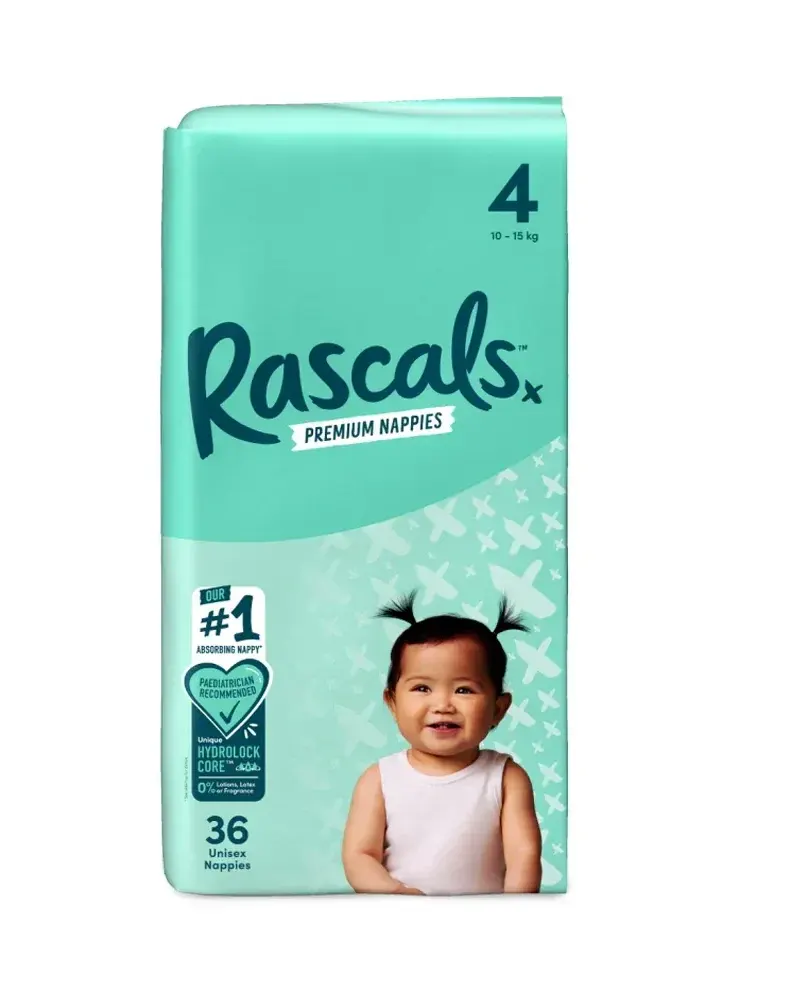 Rascals Premium Adhesive Toddler Nappy Diapers Size 4 (10–15 Kgs) – 36 Pieces
