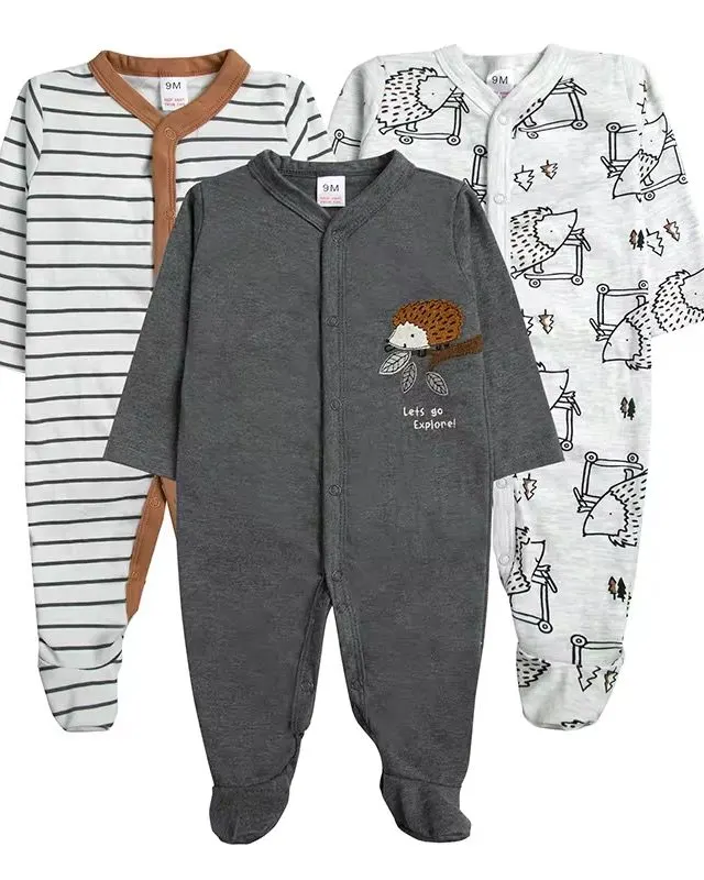 3-Piece 100% Cotton Baby Rompers and Sleepsuits (0–12 Months)