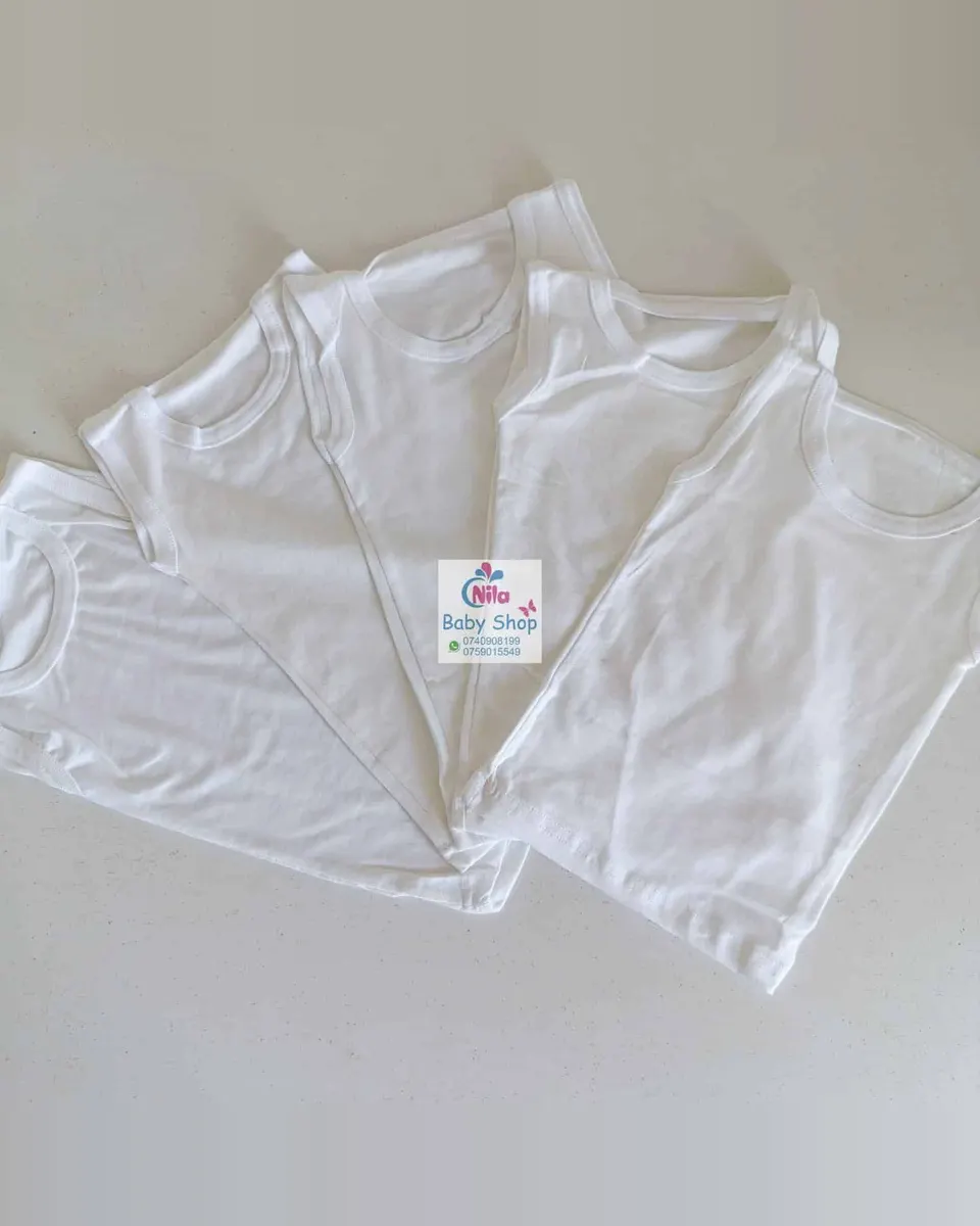 5 Pieces Unisex White Pure Cotton Newborn Vests