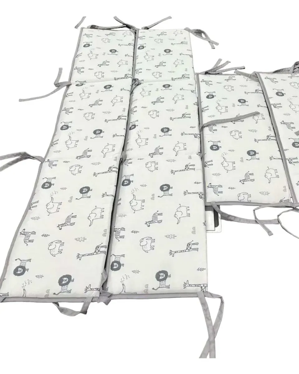 Pibi Premium Jungle Themed Cot Bumper White/Grey (120 X 30 cm- 4 Pieces) Age- Newborn & Above