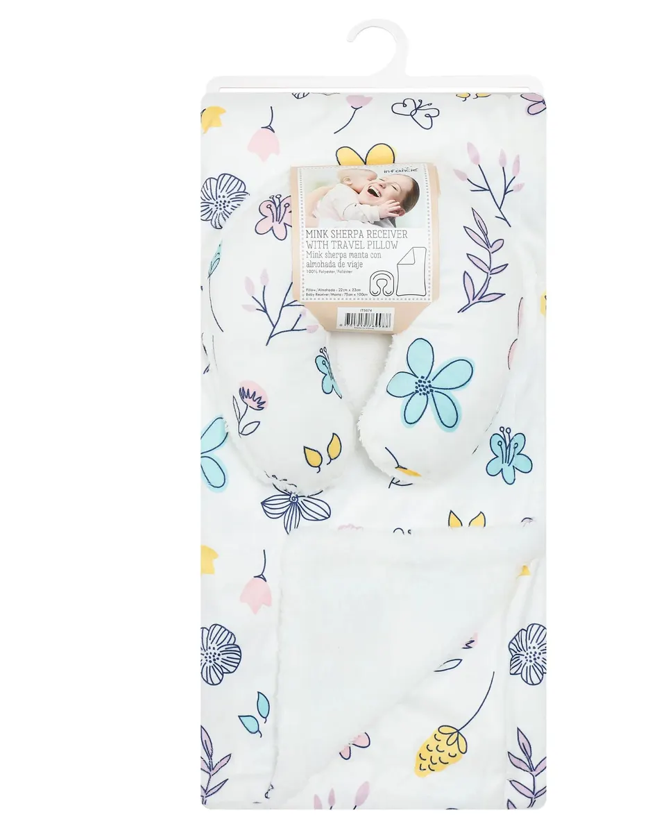 Infancie Floral Themed Baby Mink Sherpa Blanket and Travel Pillow White Age- Newborn & Above IT5674