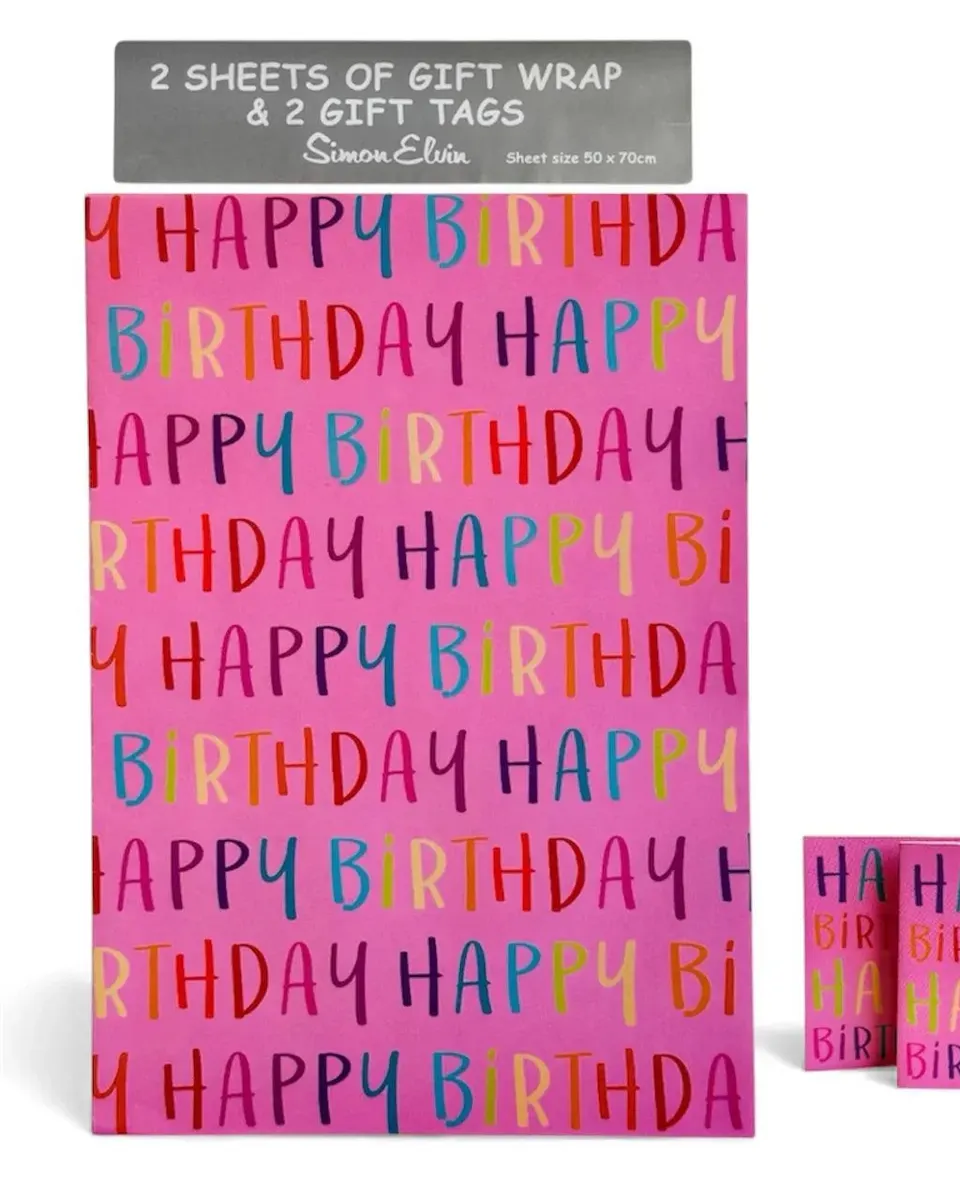 Simon Elvin Folded Wrap & Tags Pink Happy Birthday