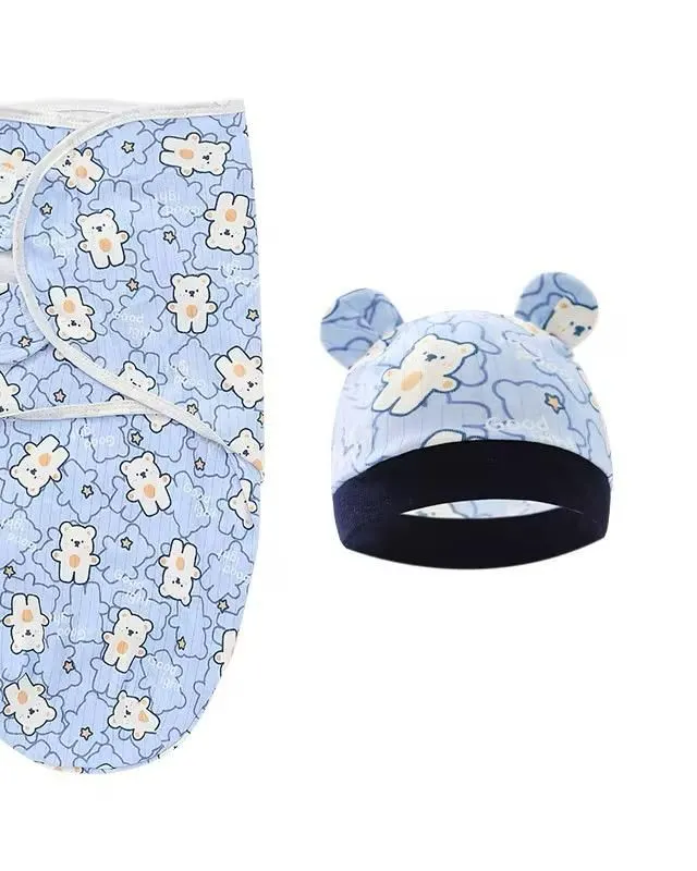 Akaa Bear printed baby swaddle with hat 0-3 months
