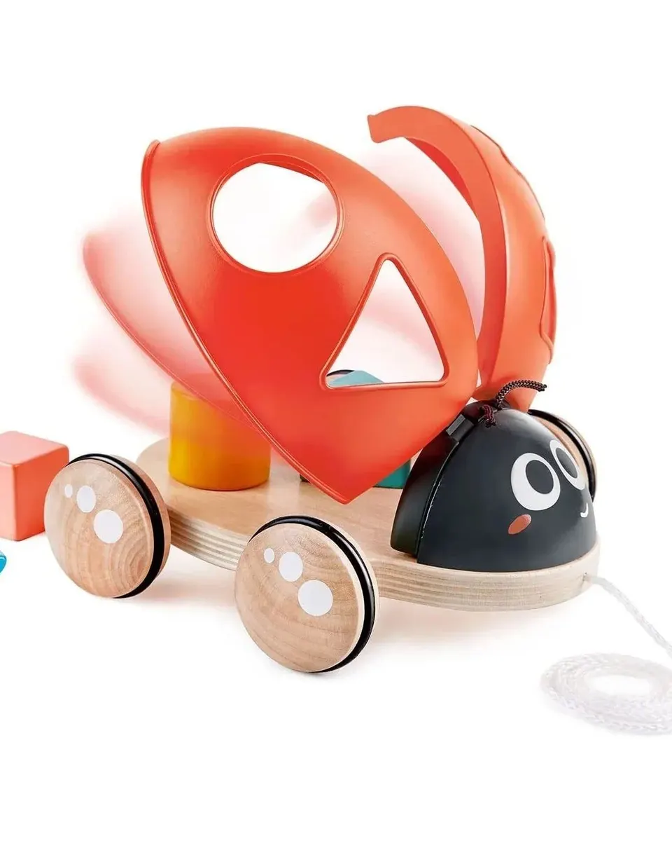 Hape Wooden Ladybug Themed Shape Sorter Push & Pull-Along Toy Age- 12 Months & Above