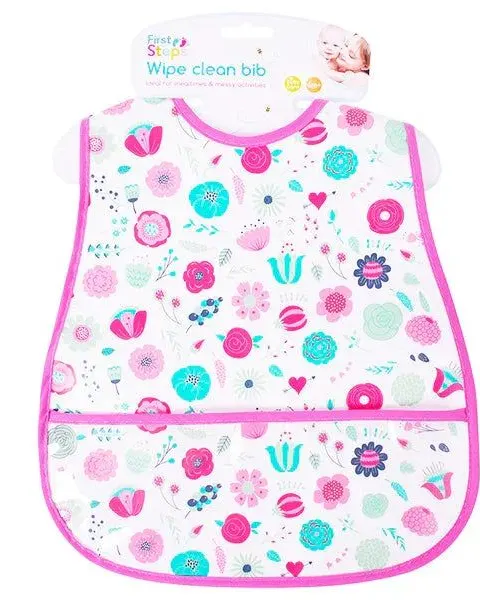 Pibi First Steps Peva Floral Wipe Clean Bib With Pocket 28Cm X 45Cm Age- 6 Months & Above