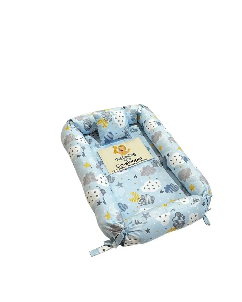 Tridarling Baby Co-Sleeper Baby Nest with 100% Cotton Soft & Breathable Fabric Blue & White Cloud & Star Pattern Age- Newborn & Above