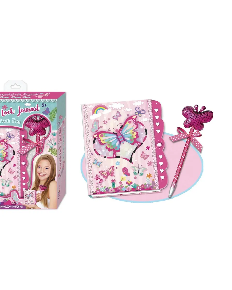 Pibi Butterfly Secret Lock Journal & Pom Pom Pen DIY Kit Pink Age- 4 Years & Above