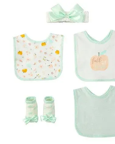 Motherschoice Baby Girls Floral 5-Pack Bibs, Socks and Headband Set Pastel Green/White IT4758 Age- Newborn to 6 Months