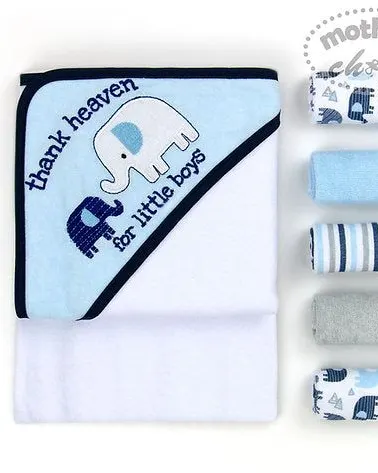 Motherschoice Baby Elephant Themed Hooded Towel + 5-Pack Face Cloth Set Blue/White Age- Newborn to 4 Years IT3483A