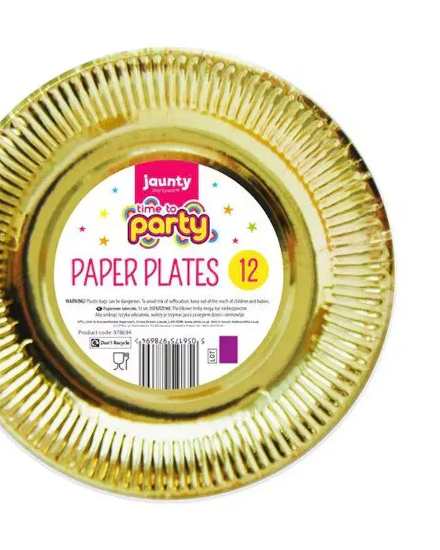 Jaunty Partyware Time To Party Gold Paper Plates 9" 12 Pack