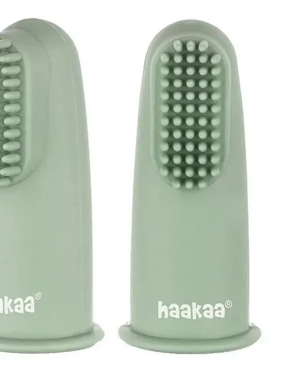 Haakaa â€“ Set of 2 Silicone Finger Toothbrushes with Case Pea Green Age- Newborn & Above