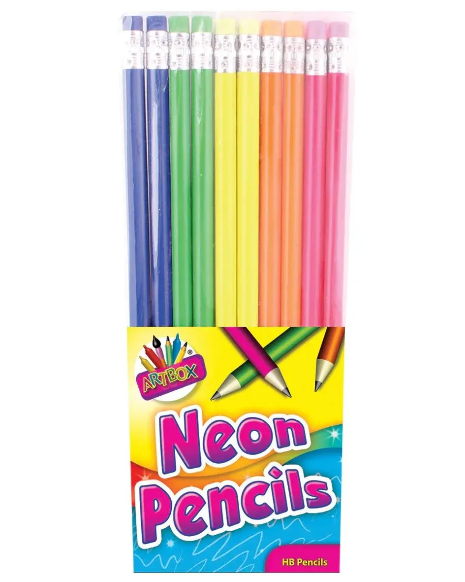 Artbox Neon Hb Pencils Eraser Tips Assorted 10 Pack Age-3 Years & Above