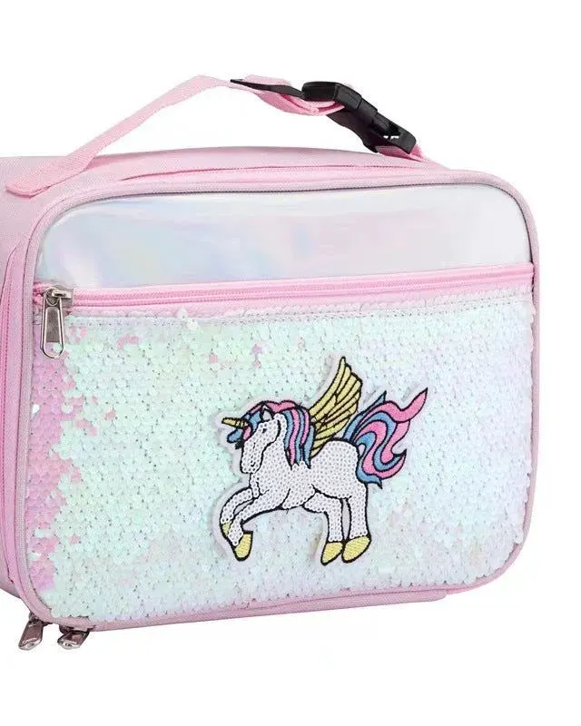 Pibi 2-in-1 Cute Sequin Unicorn Stationery bottle & Cooler Lunch Bag Baby Pink