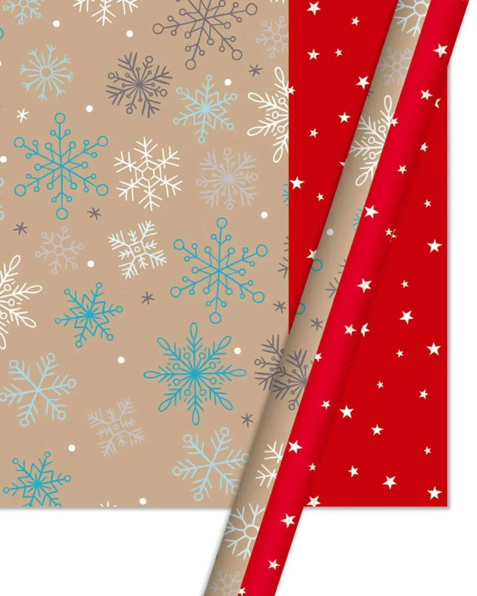 Pibi Christmas Double Sided Gift Wrapping Paper With Stars & Snowflakes 50 X 70 Cm Brown/Red/Multicolor