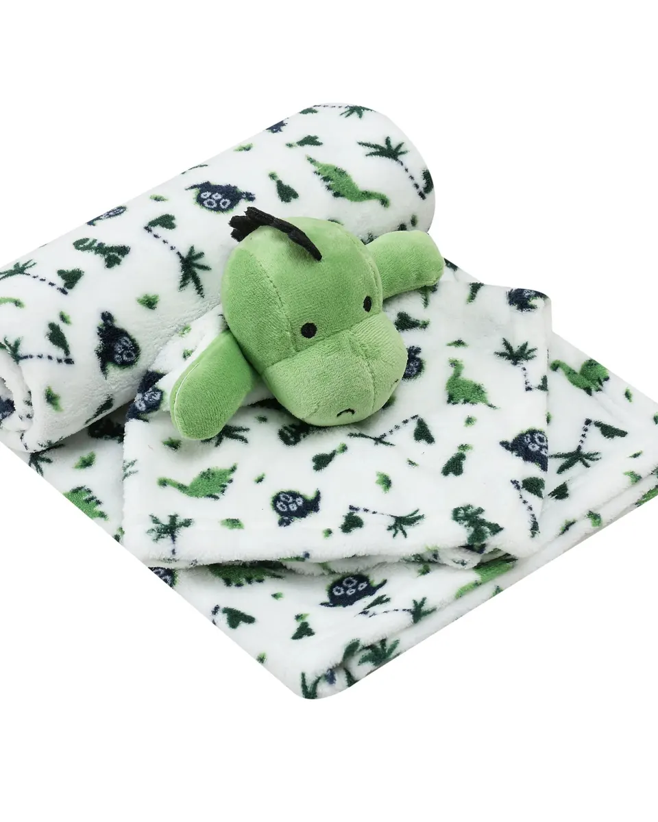 Infancie Cute Fleece Blanket (75 x 100 cm) with Cute Dino Plush Toy (30 x 30 cm) Green/White IT5935