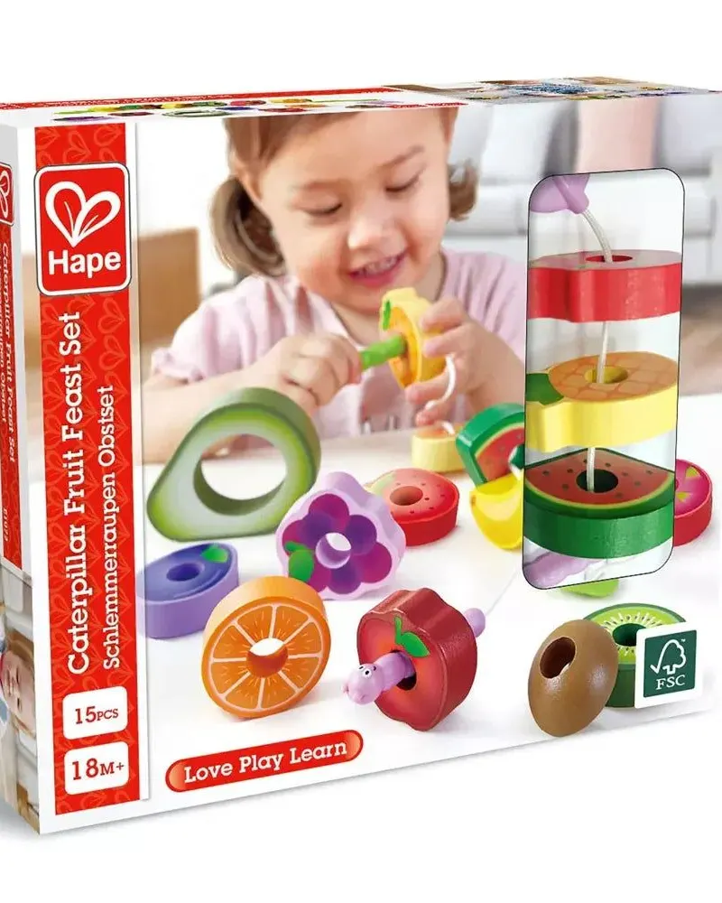 Hape Caterpillar Fruit Feast Set 14-Pieces Wooden Stringing Toy Age- 18 Months & Above