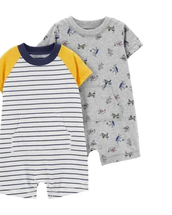 Carter's Infants Boys 2-Piece Overalls Summer short Sleeve Rompers Yellow/Navy Blue 1N083610