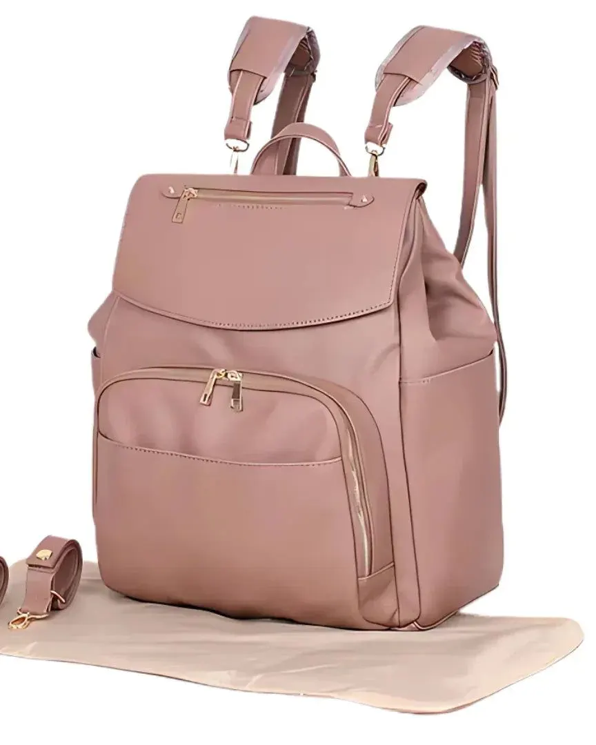 Pibi 2-in-1 PU Leather Diaper Backpack with Stroller Hooks & Changing Mat Baby Pink