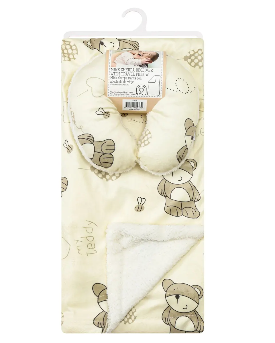 Infancie Bear Themed Baby Mink Sherpa Blanket and Travel Pillow Multicolor Age- Newborn & Above IT5673