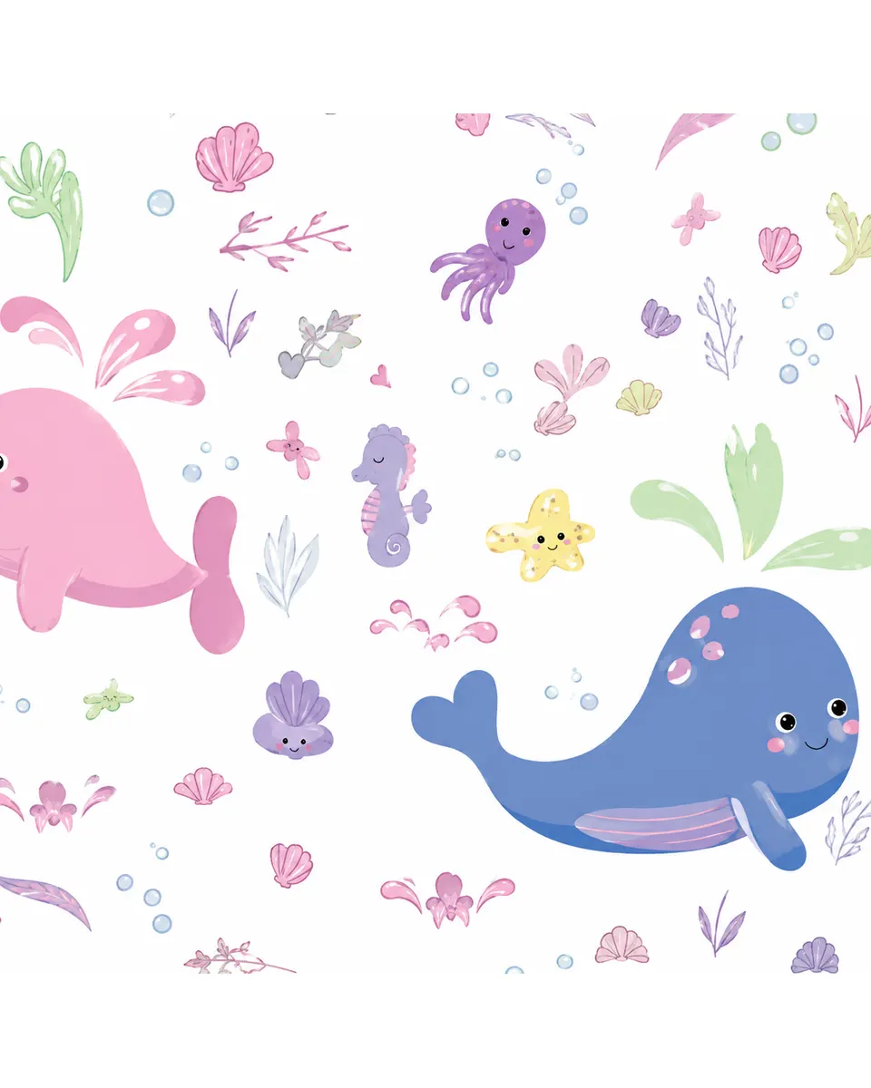 Pibi Cute Whale & Aquatic Animals Themed Gift Wrapping Paper – 50 x 70 cm – Blue/Pink/White
