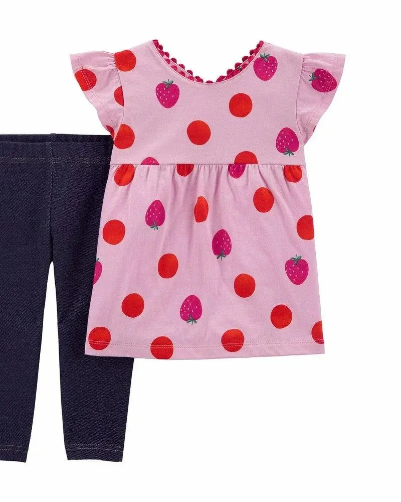 Carter's Infants Girls 2-Piece Strawberry Top & Knit Jegging Set Pink/Navy Blue 1K349310