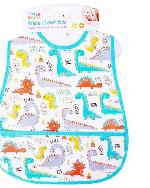 Pibi First Steps Peva Dinosaur Wipe Clean Bib With Pocket 28Cm X 45Cm Age- 6 Months & Above