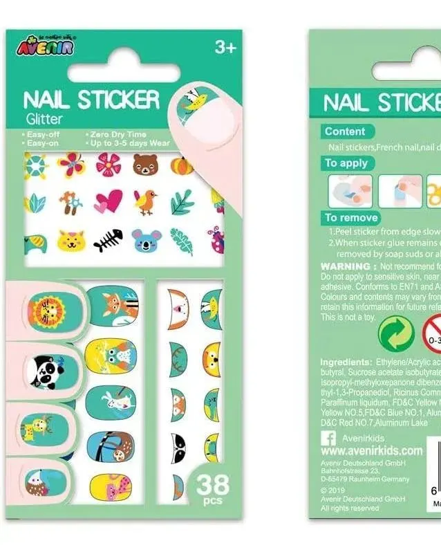 Avenir Nail Stickers Glitter Animals 38 Pieces Multicolor Age-3 Years & Above