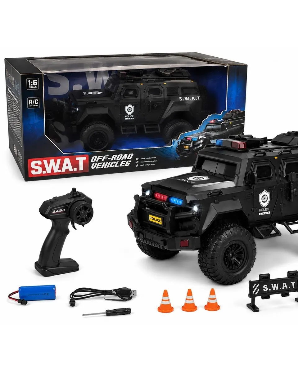 Pibi 1:6 Scale S.W.A.T Off-Road R/C Armoured Vehicle – 2.4GHz Remote Control Police Truck with LED Lights & Rechargeable Battery Age- 3 Years & Above