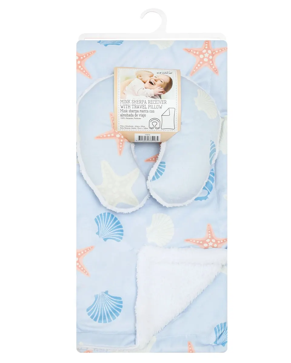 Infancie Aqua Starfish Themed Baby Mink Sherpa Blanket and Travel Pillow Blue Age- Newborn & Above IT5672