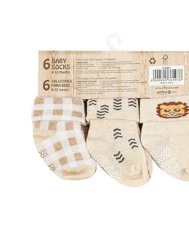 Infancie 6-Pack Non-Slip Grip Baby Cotton Socks (0-6 Months) Beige/White IT4949