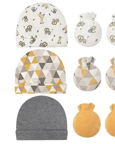 Motherschoice Baby Abstract & Jungle Themed 3 Hats & 3 Pair Mittens Set Multicolor IT4986 Age- Newborn to 6 Months