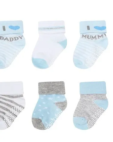 Infancie 6-Pack Non-Slip Grip Baby Cotton Socks (6-12 Months) White/Light Blue/Grey IT4965