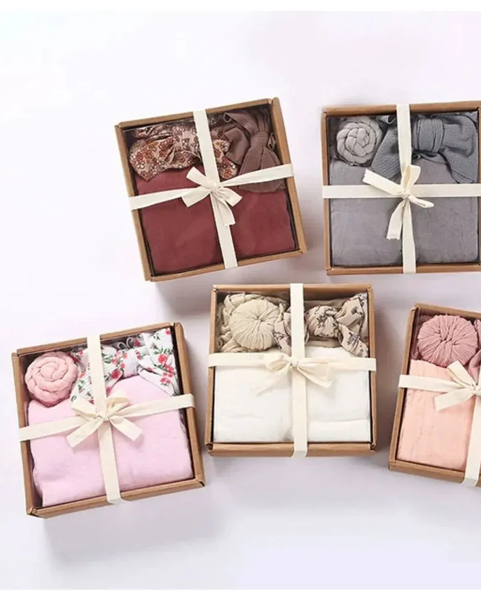 Pibi Infants Gift Set of 3 in a Box (Swaddle, Bowknot Hairband, Turban) Dp060 Assorted Age- Newborn to 12 Months