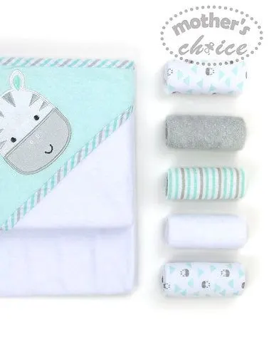 Motherschoice Baby Cow Themed Hooded Towel + 5-Pack Face Cloth Set Blue/White Age- Newborn to 4 Years IT3480A