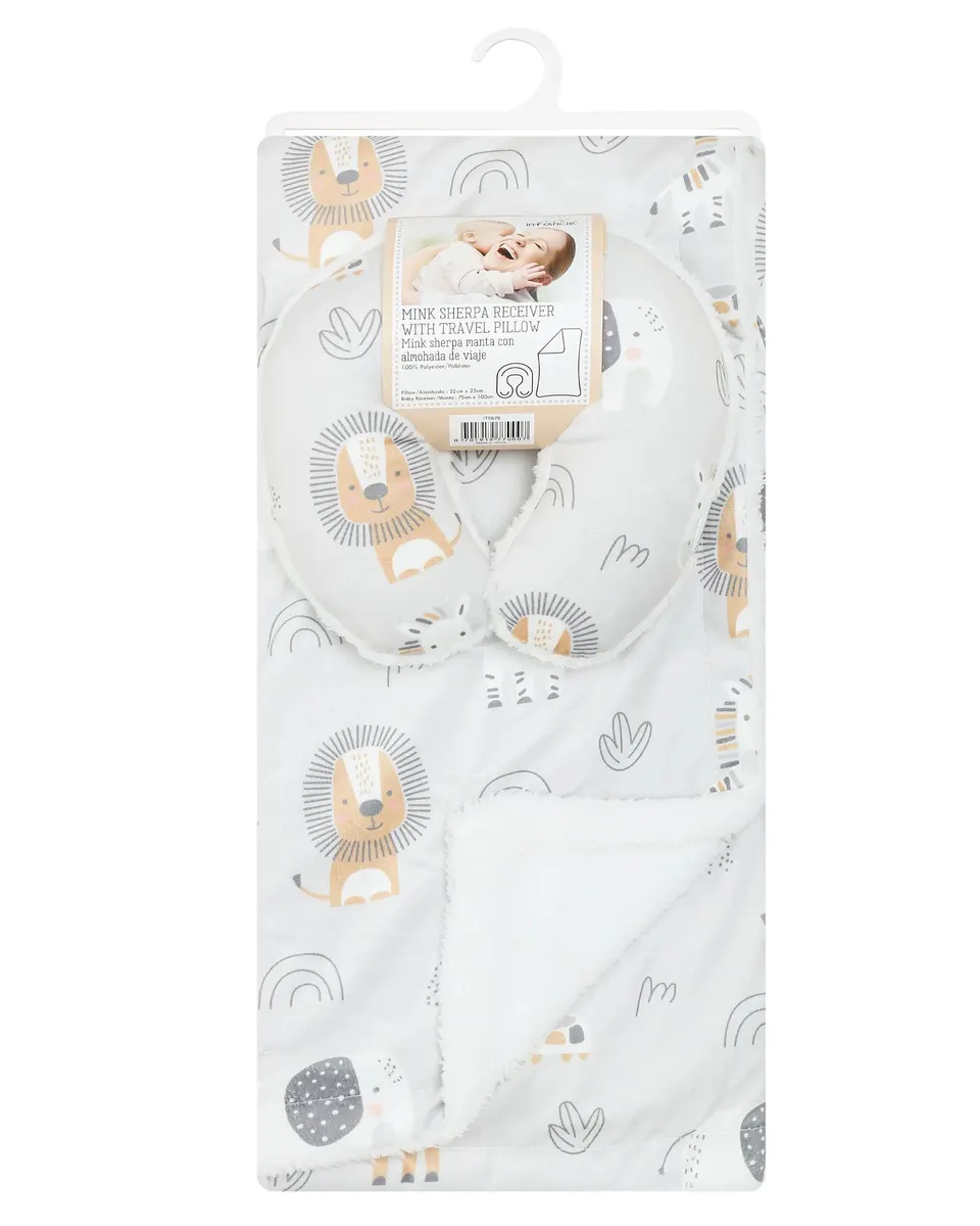 Infancie Lion Themed Baby Mink Sherpa Blanket and Travel Pillow White/Grey Age- Newborn & Above IT5676