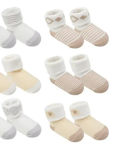 Motherschoice 6 Pack Baby Turnhead Socks Age- Newborn to 6 Months Beige/White IT2434