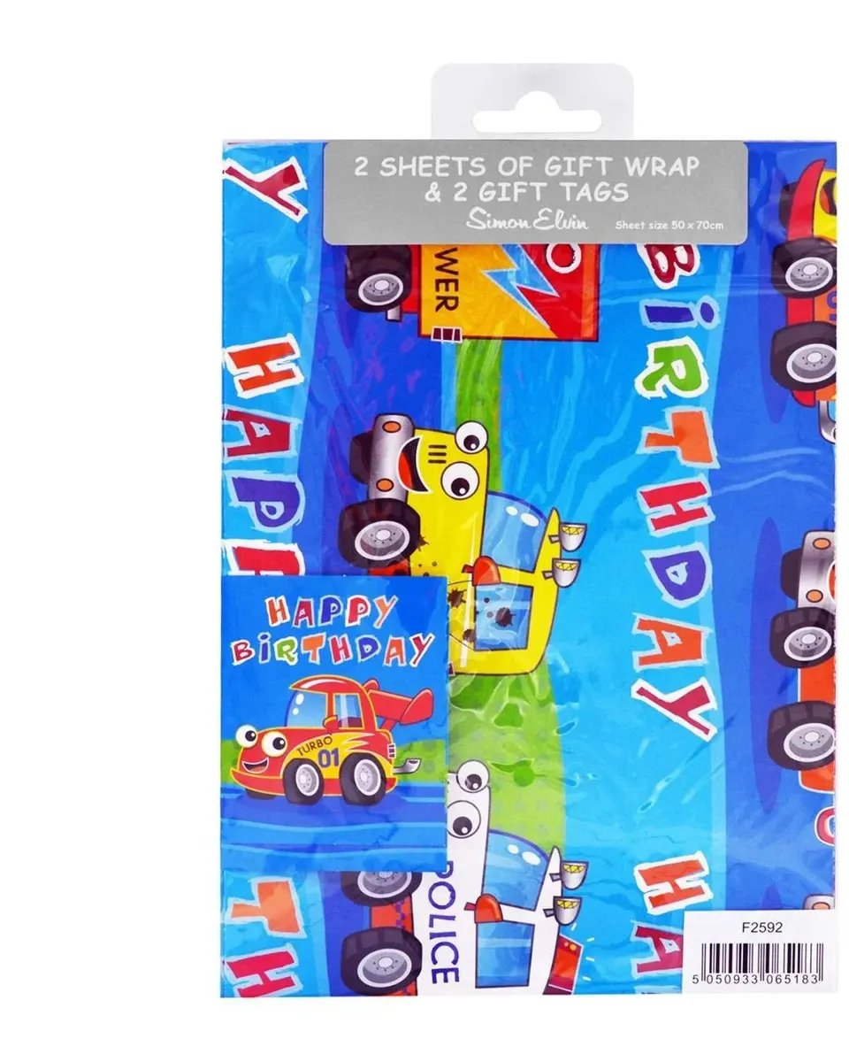 Simon Elvin Folded Wrap & Tags Happy Birthday Vehicles Blue/Multicolor