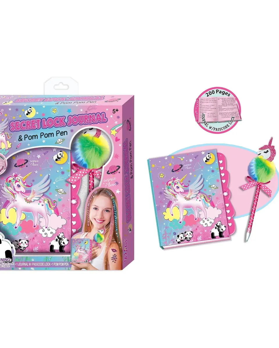 Pibi Unicorn With Wings Secret Lock Journal & Pom Pom Pen DIY Kit Pink Age- 4 Years & Above