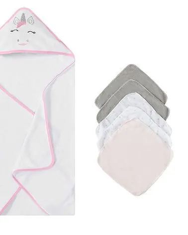 Motherschoice Unicorn Baby Hooded Towel + 5 Face Cloth Set Pink/Grey/White Age- Newborn to 4 Years IT4741